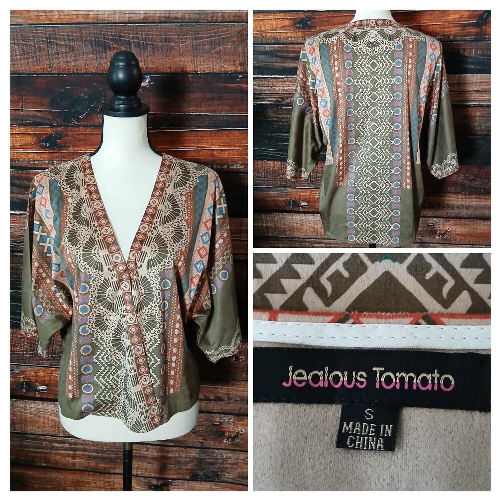 Jealous Tomato Kimono Top S Bohemian Hippie Green Faux Suede Half Sleeve
